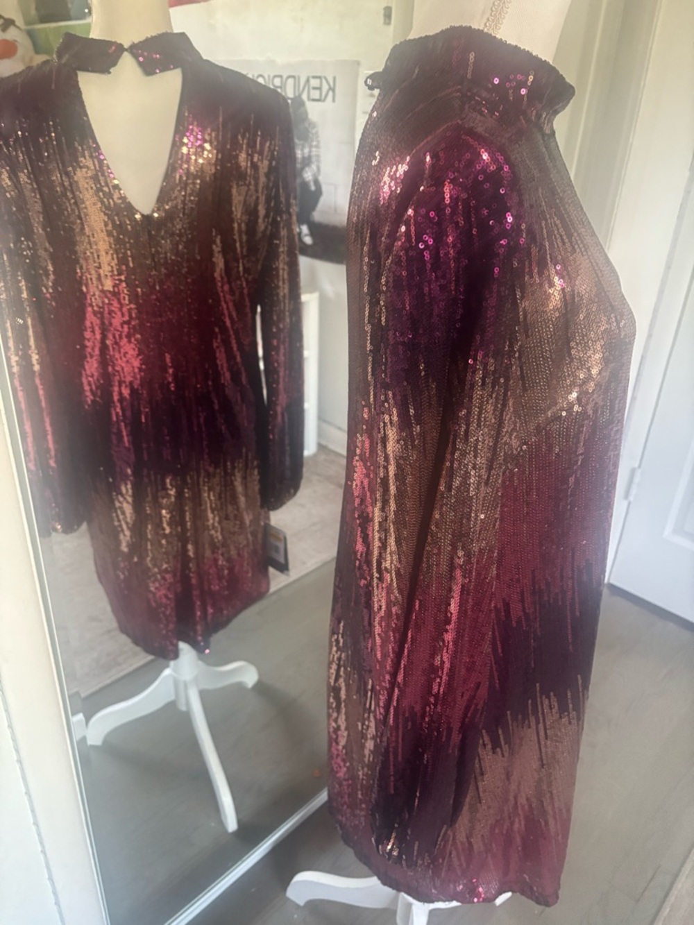 Maison Tara Burgundy and Rose Gold Sequin Midi Dress